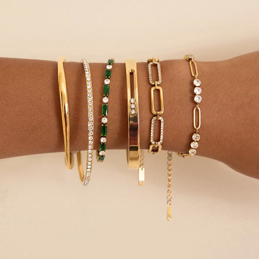 18K Gold Legacy Tennis Paper Clip Chain Emerald Eternity Bangle Bracelet Stack