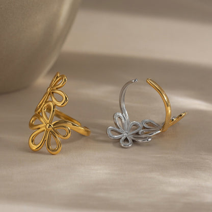 18K Gold and Silver Two Tone Floral Kiss Flower Wrap Around Ring