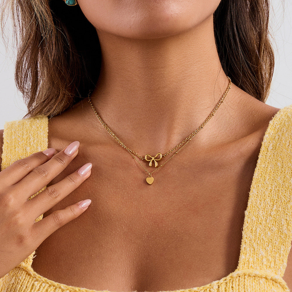 18K Gold Dainty Heart Bow Pendant Double Chain Layered Necklace Set