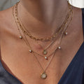 18K Gold Cascading Sun Pedant Paperclip Chain Layered Necklace Set