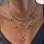18K Gold Cascading Sun Pedant Paperclip Chain Layered Necklace Set