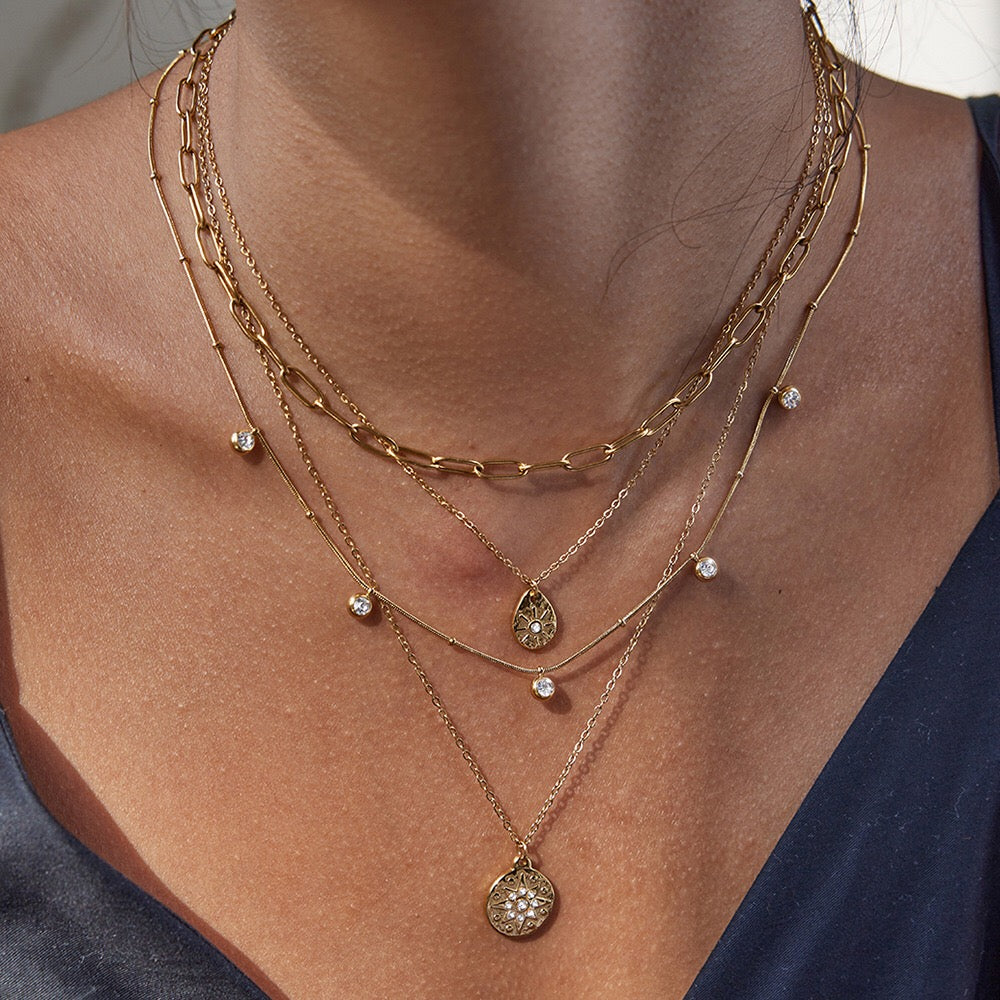 18K Gold Cascading Sun Pedant Paperclip Chain Layered Necklace Set