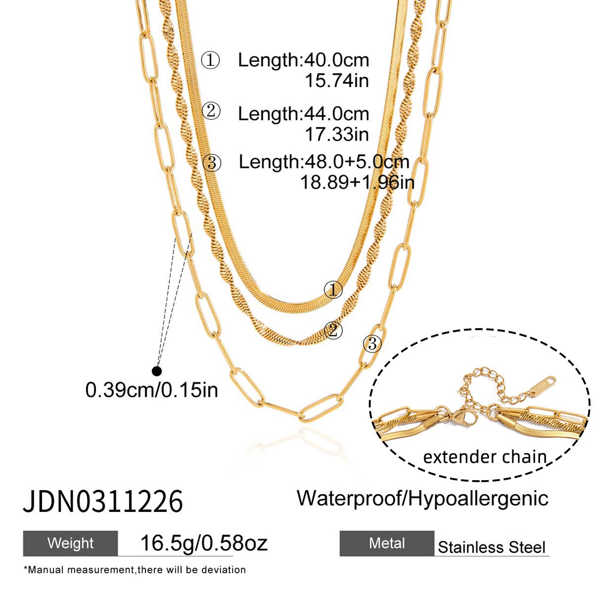18K Gold Quiet Luxe Paper Clip Herringbone Snake Chain Layered Necklace Set