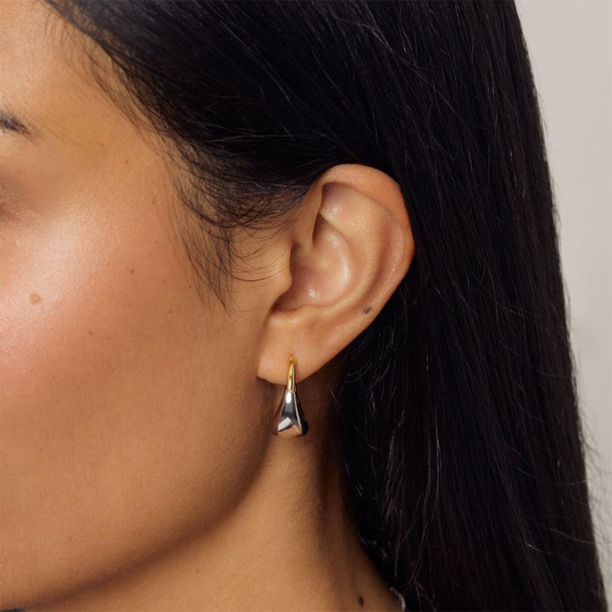 18K Gold and Silver Two Tone Dome Small Hoop Dangle Huggie Earrings