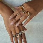 18K Gold Runway Chic Safety Pin CZ Pearl Statement Rings