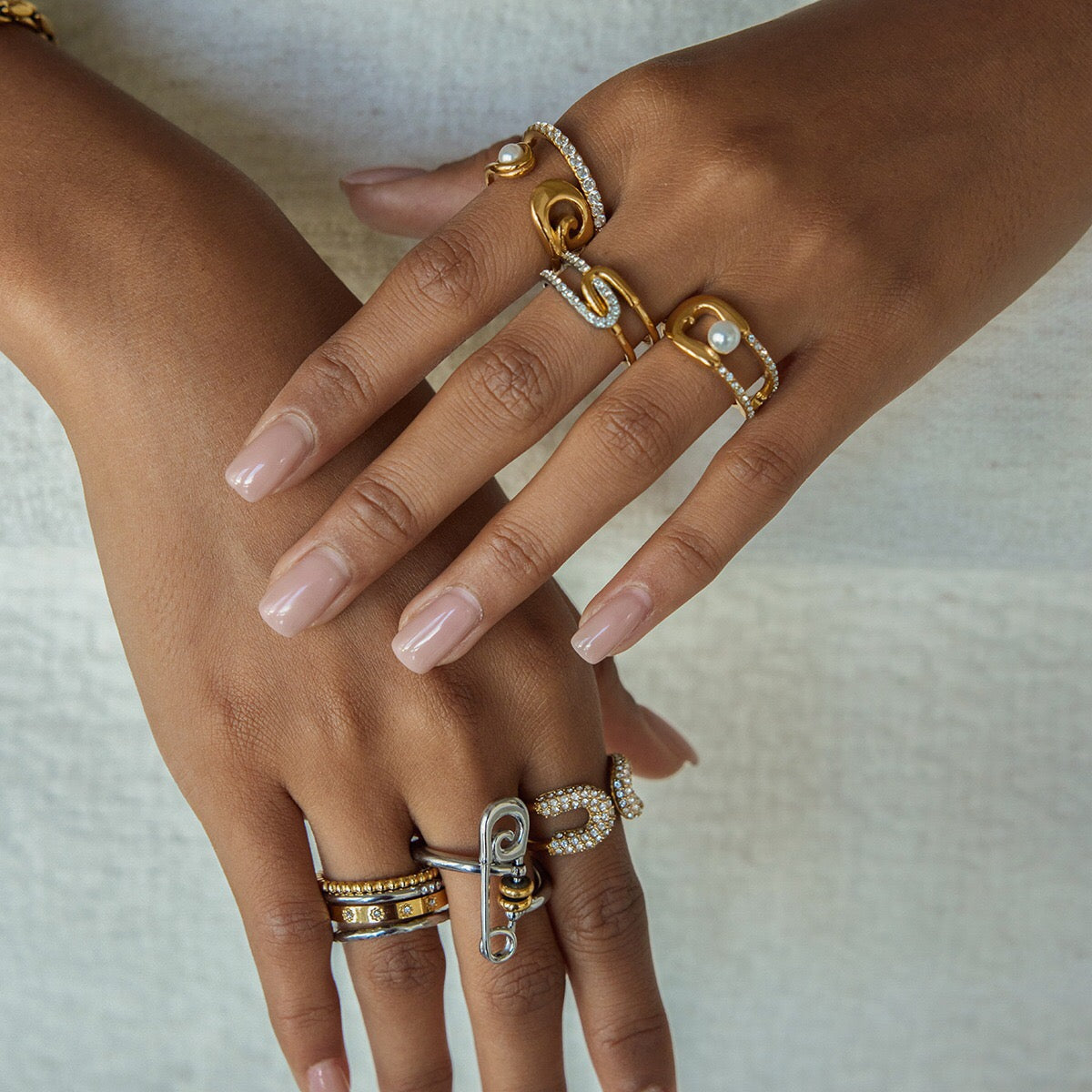 18K Gold Runway Chic Safety Pin CZ Pearl Statement Rings