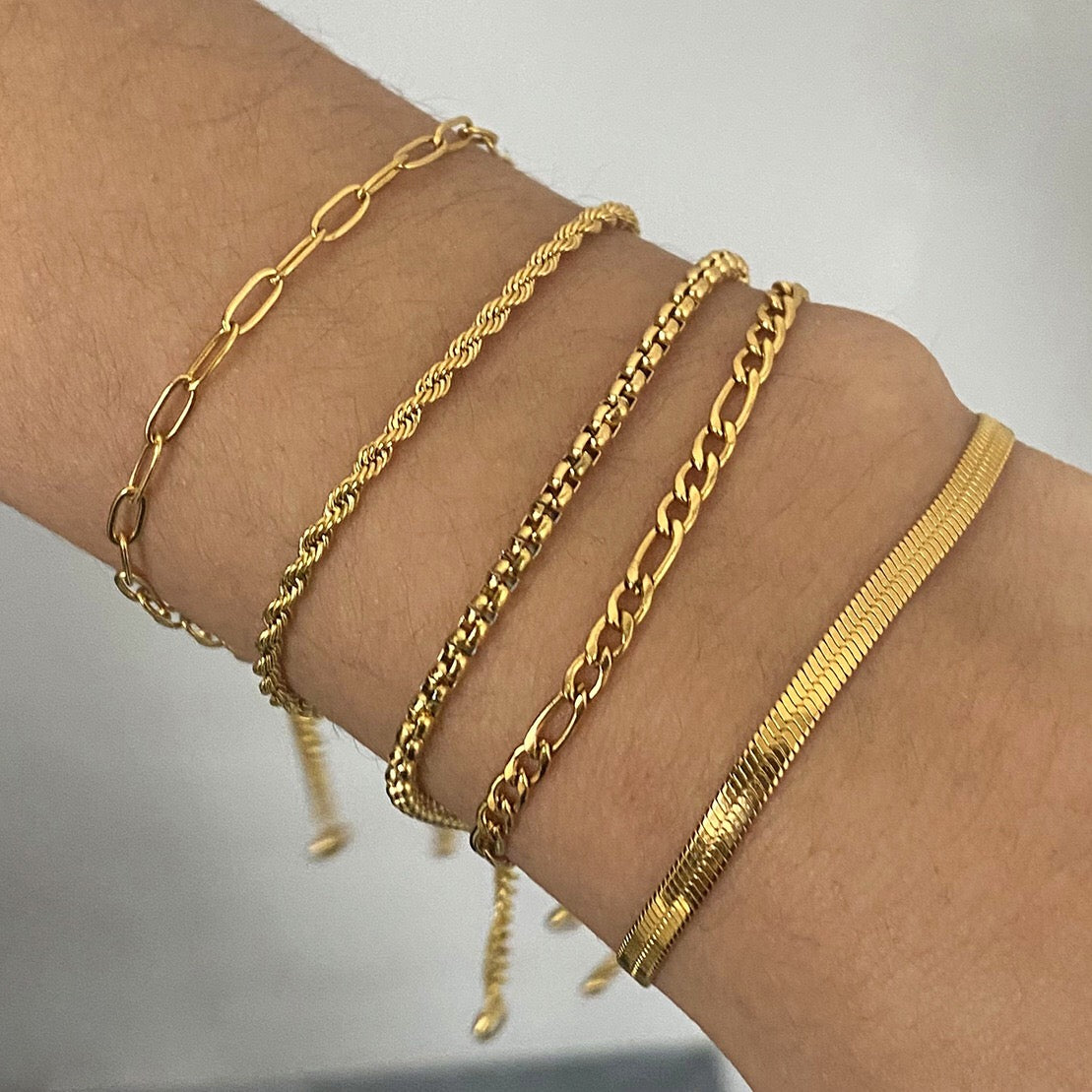 18K Gold Essential Dainty Paperclip Rope Herringbone Snake Chain Bracelet Stacks