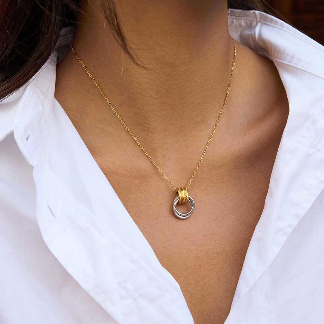 18K Gold and Silver Two Tone Geometric Pendant Necklace