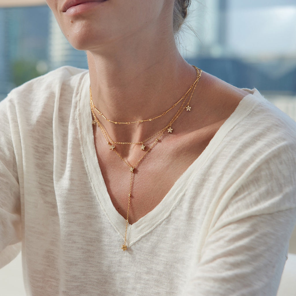 18K Gold Star Flower Dainty Chain Y Shape Layered Necklace Set