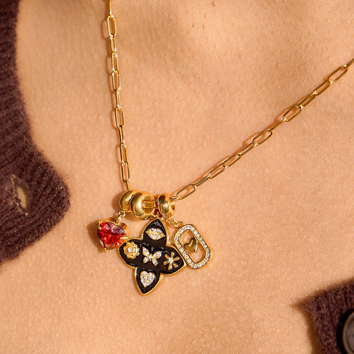18K Gold Deep Romance Red Heart Pendant Butterfly Flower Charm Necklace