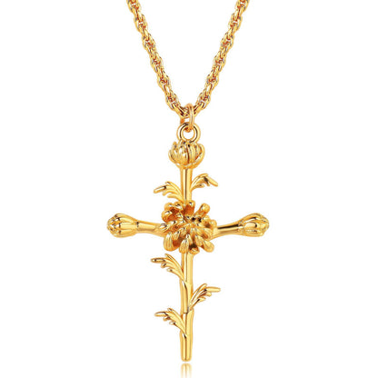 18K Gold Birth Flower Cross Pendant Necklace