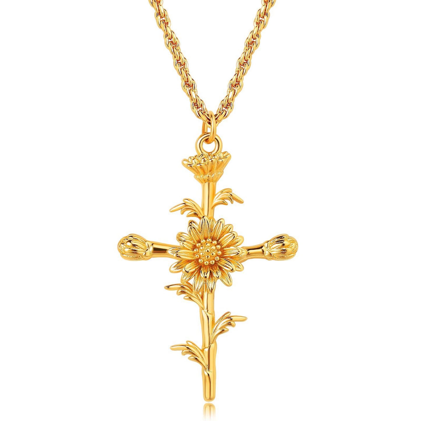 18K Gold Birth Flower Cross Pendant Necklace