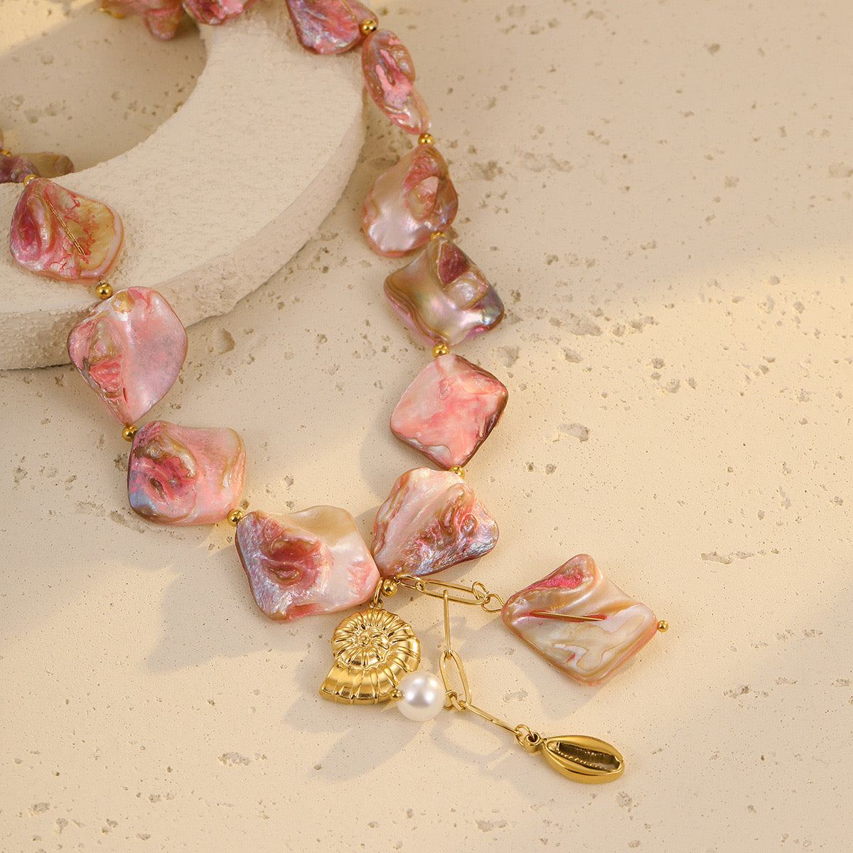 18K Gold Pink Seashell Chunky Statement Summer Necklace
