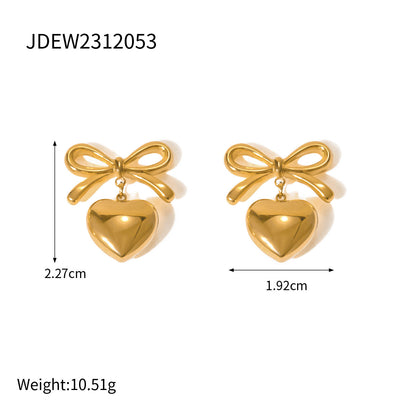 18K Gold Heart And Bow Dangle Earrings