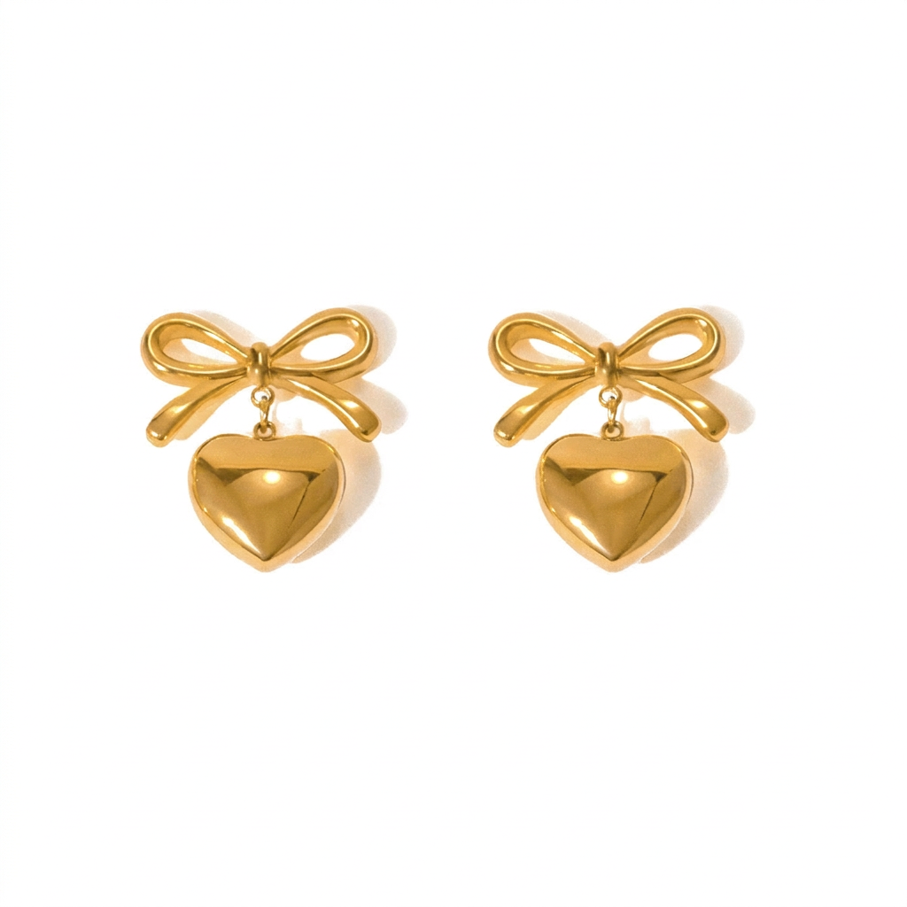 18K Gold Heart And Bow Dangle Stud Earrings