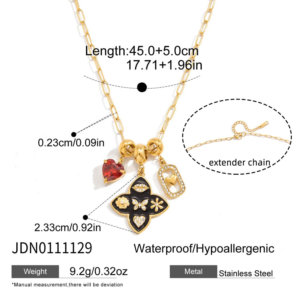 18K Gold Deep Romance Red Heart Pendant Butterfly Flower Charm Necklace