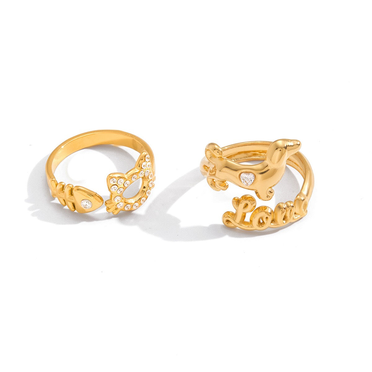 18K Gold Paws and Purrs Pave Cat and Dog Cuff Ring