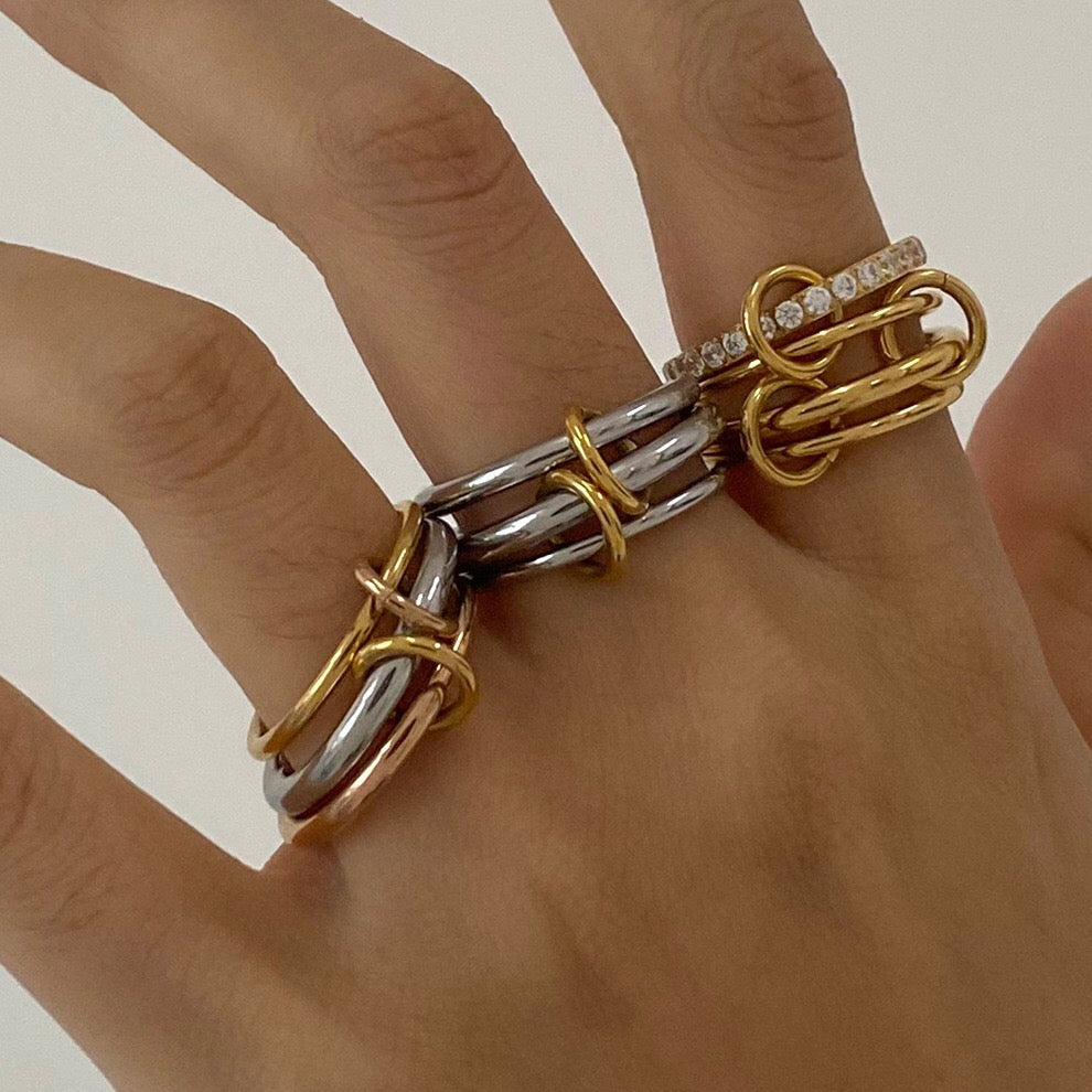 18K Gold and Silver Two Tone Connected Multi Layers Spinelli Trinity Stacking Rings