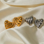18K Gold Ribbed Heart Statement Stud Earrings