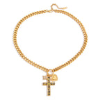 18K Gold Faith Divine Cross Heart Starburst Charm Cuban Link Chain Necklace