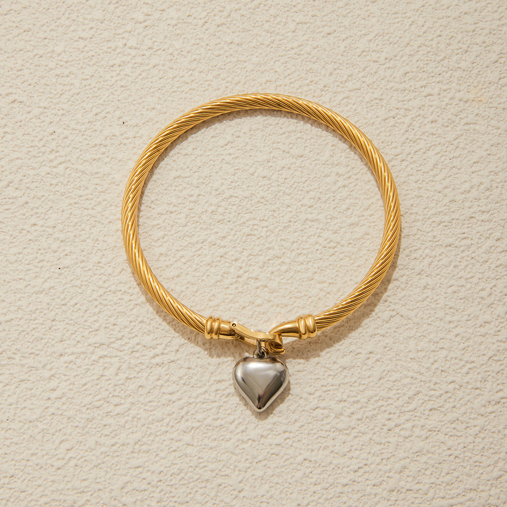 18K Gold and Silver Two Tone Heart Charm Bangle Bracelets