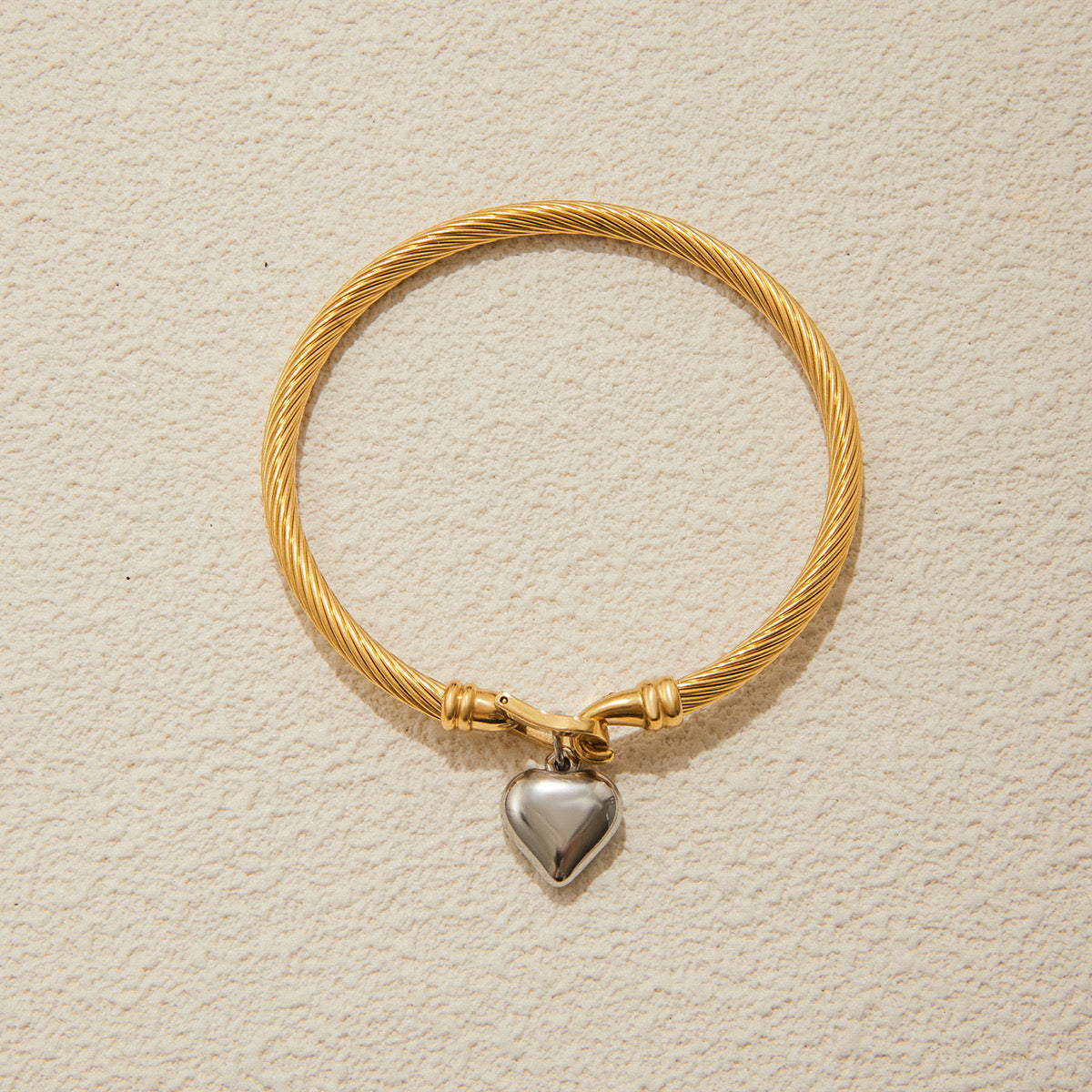 18K Gold and Silver Two Tone Heart Charm Bangle Bracelets