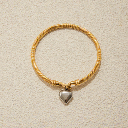 18K Gold and Silver Two Tone Heart Charm Bangle Bracelets