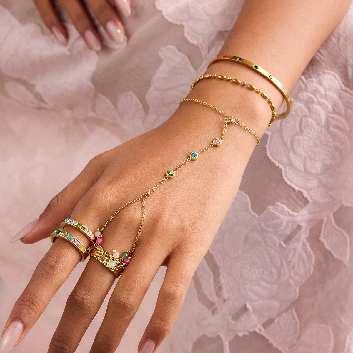18K Gold Waterproof Color Gem Hand Chain Bracelet