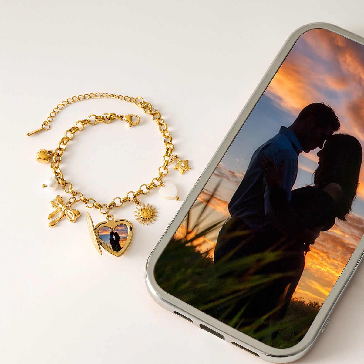 18K Gold Heart Locket Chunky Charm Bracelet