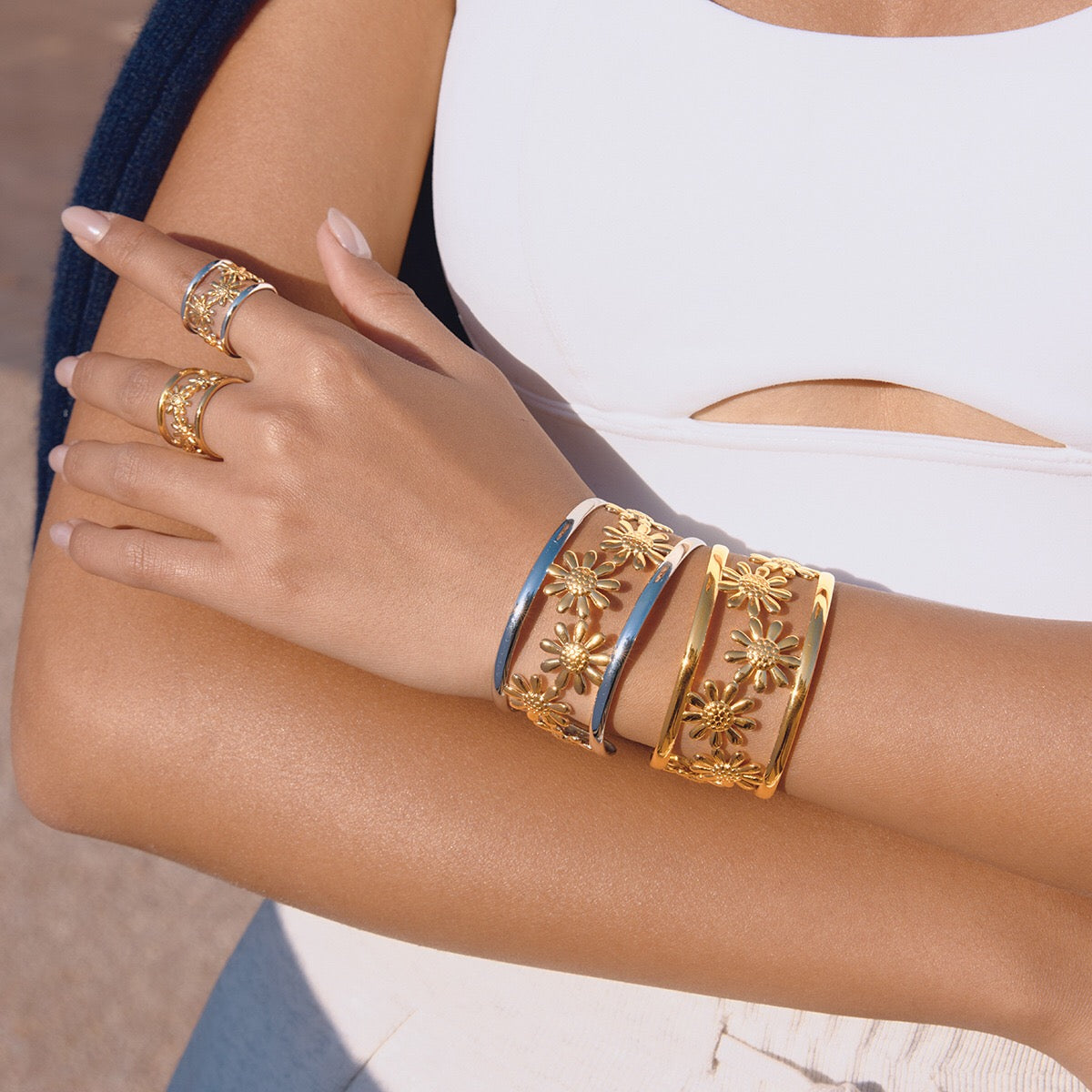 18K Gold and Silver Two Tone Wild Bloom Flower Statement Bangle Cuff Bracelet