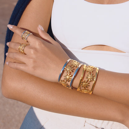 18K Gold and Silver Two Tone Wild Bloom Flower Statement Bangle Cuff Bracelet