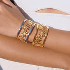 18K Gold and Silver Two Tone Wild Bloom Flower Statement Bangle Cuff Bracelet