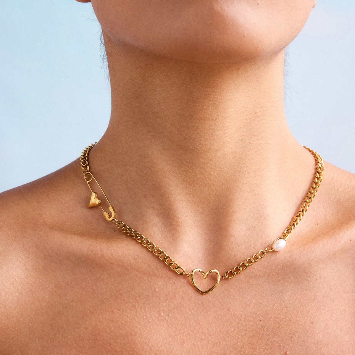 18K Gold Heart Safety Pin Pearl Cuban Curb Chain Necklace