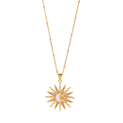 18K Gold Bright Sun Pendant Statement Long Necklace