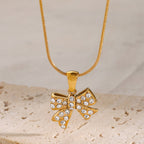18K Gold Bejeweled Coquette Bow Pendant Necklace