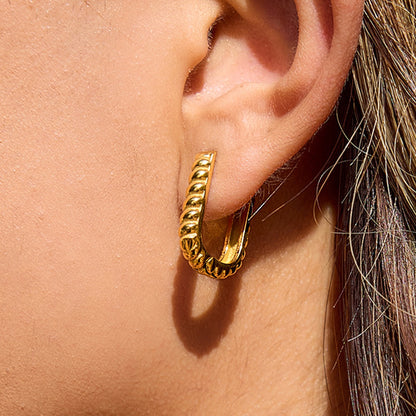 18K Gold Bare Ribbed Rectangle Huggie Earrings Cartilage Hoops Stack