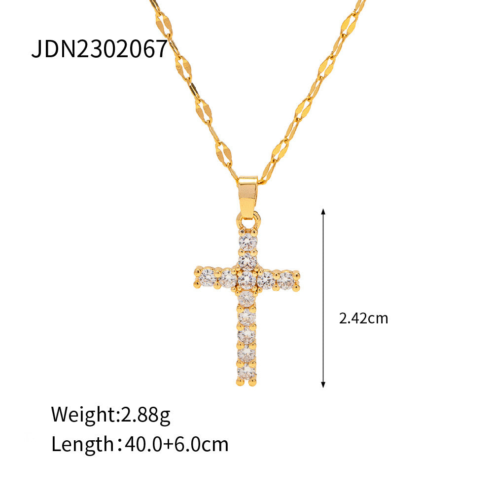 18K Gold Bling Cross CZ Pendant Necklace
