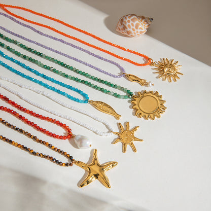18K Gold Summer Color Beaded Chain Pendant Statement Necklace
