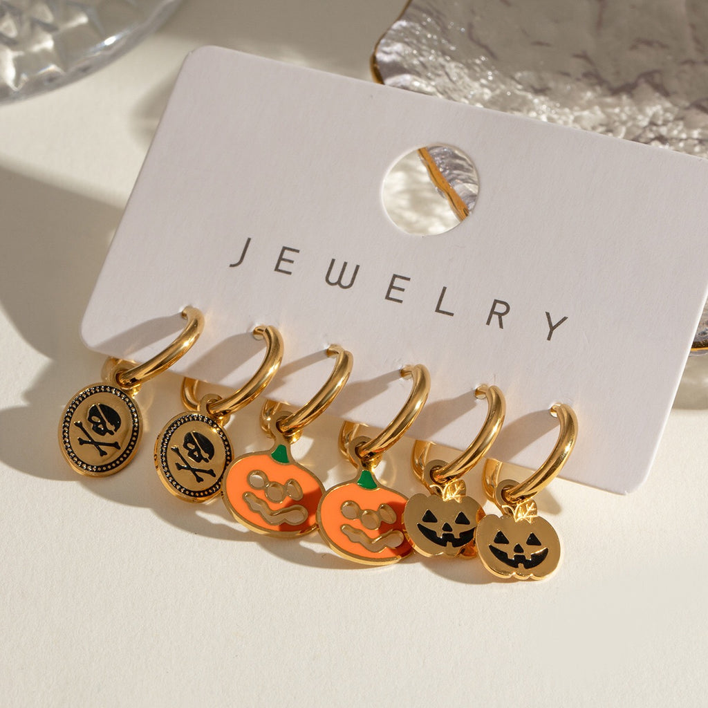 18K Gold Halloween Pumpkin Skull Small Hoop Huggie Earrings with Charm