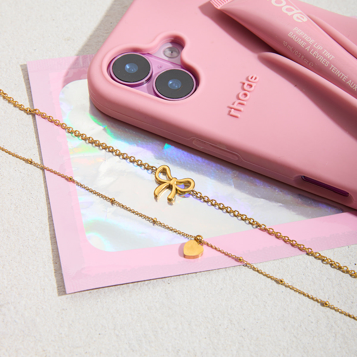 18K Gold Dainty Heart Bow Pendant Double Chain Layered Necklace Set