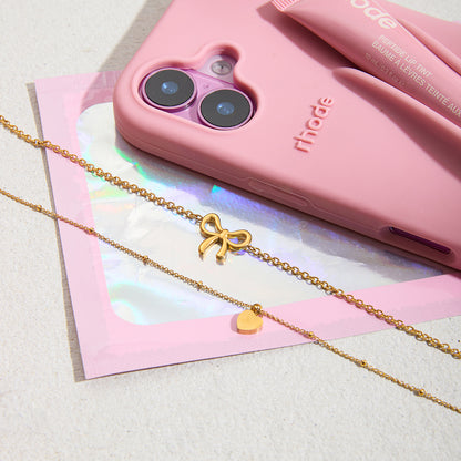 18K Gold Dainty Heart Bow Pendant Double Chain Layered Necklace Set