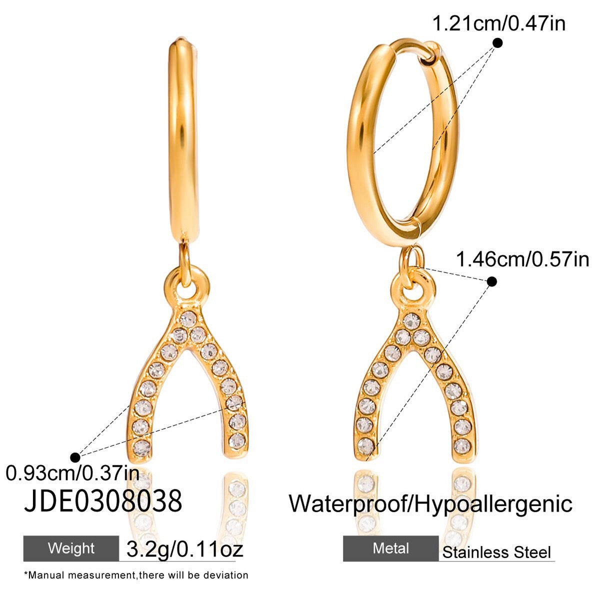 18K Gold Bling Wishing Bone Small Hoop Huggie Earrings with Charm
