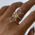 18K Gold Two Tone Daisy Flower Silver Ring