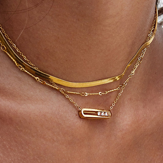 18K Gold Sliding Jewel Pendant Herringbone Snake Chain Layered Necklace Set