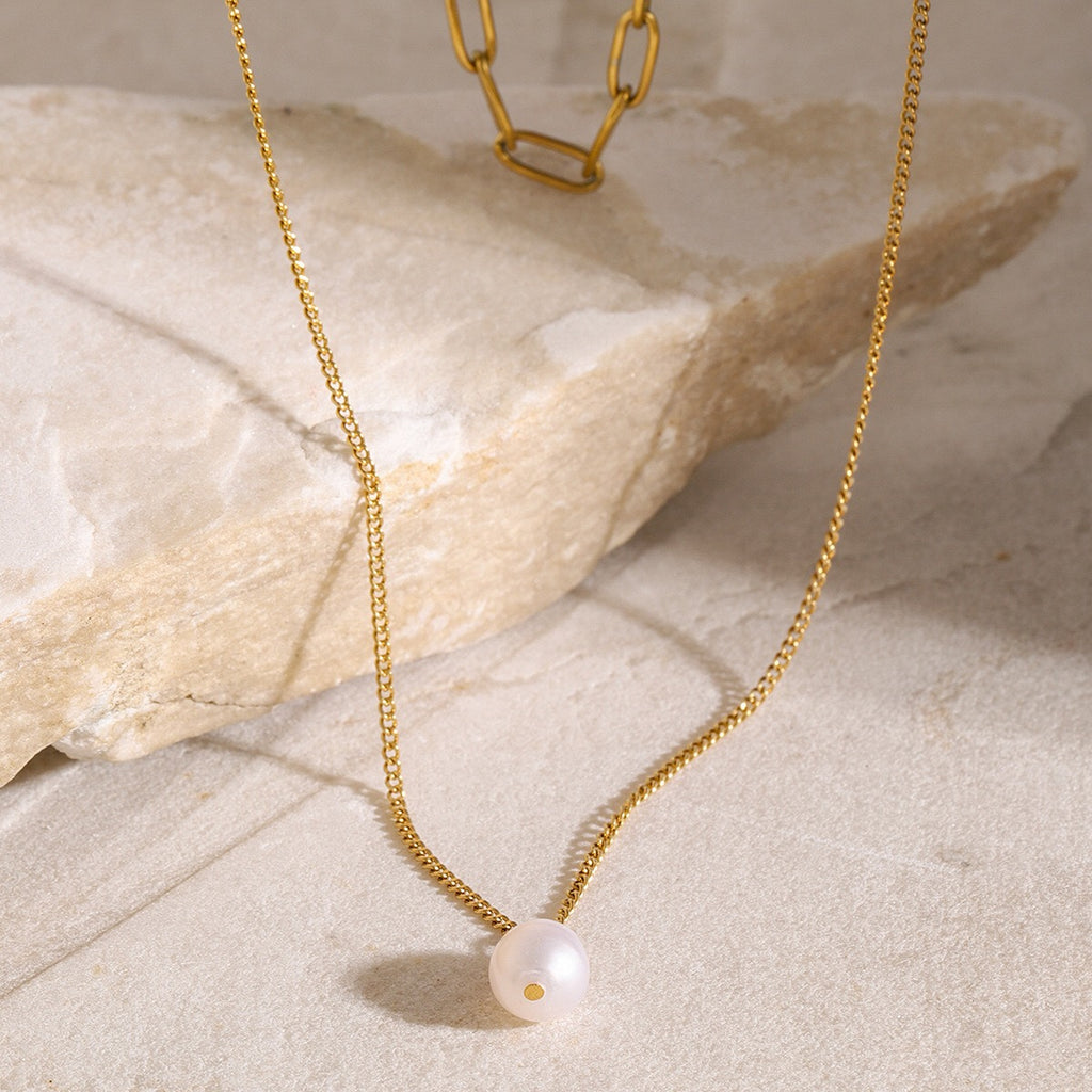 18K Gold Paperclip Chain Pearl Pendant Layered Necklace Set