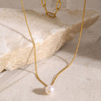 18K Gold Paperclip Chain Pearl Pendant Layered Necklace Set