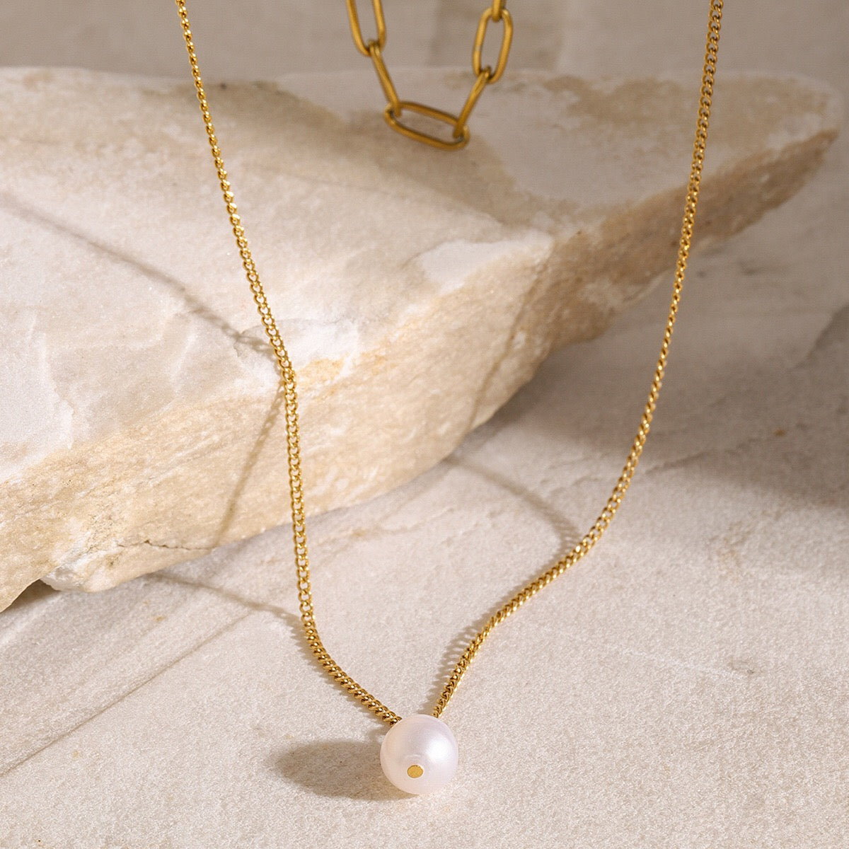 18K Gold Paperclip Chain Pearl Pendant Layered Necklace Set