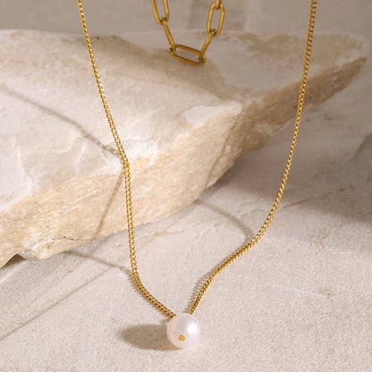 18K Gold Paperclip Chain Pearl Pendant Layered Necklace Set