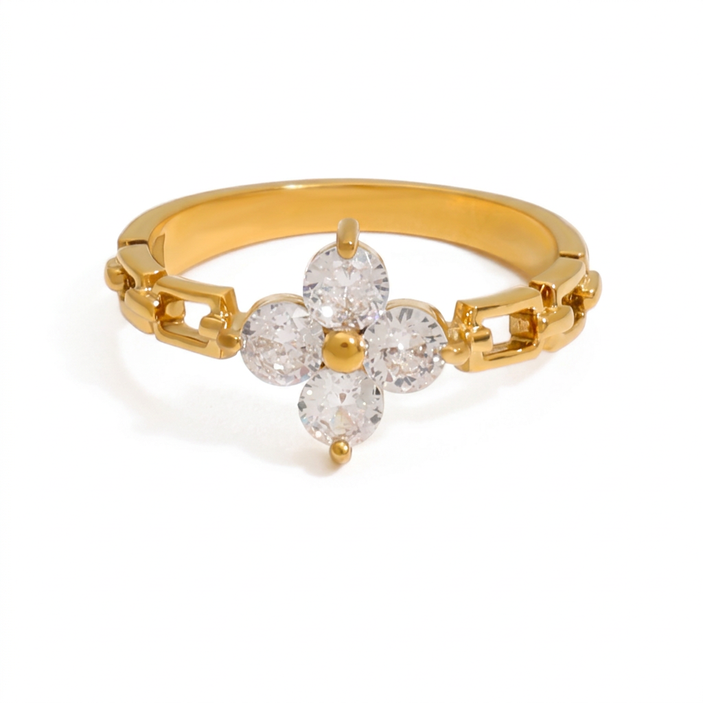 18K Gold Watch Band Flower Heart Statement CZ Stacking Ring