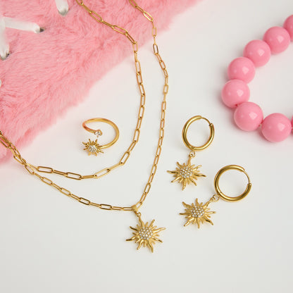 18K Gold Solar Pendant Paper Clip Double Chain Layered Necklace Set